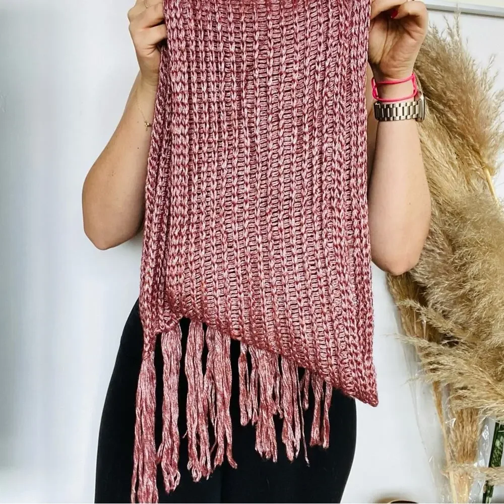 NEW NORDSTROM Maroon Red Silver Wool Chunky Knit Tassel Woven Classic Scarf Wrap
